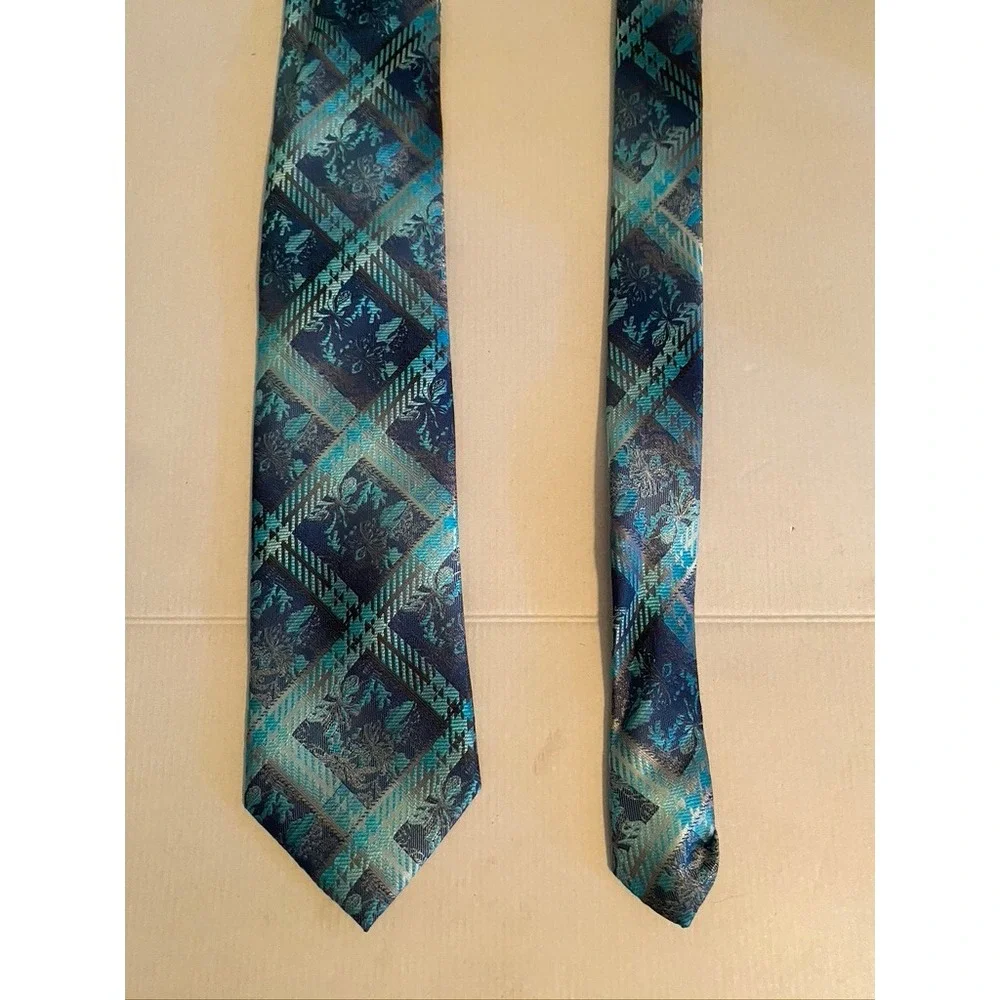 Stacy Adams Men Tie Blue Teal Geometric Plaid Floral Jacquard Silk Blend Necktie